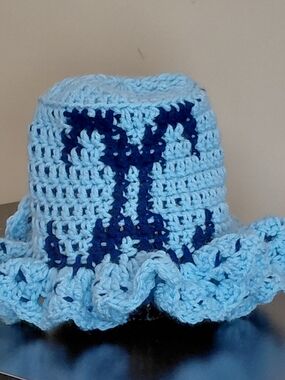 Hand-Crocheted Light Blue & Navy Ruffle Bucket Hat